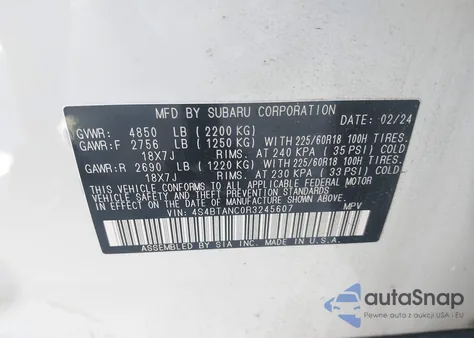 2024 Subaru Outback Limited z USA, uszkodzony, nr VIN 4S4BTANC0R3245607